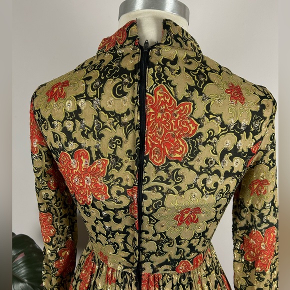 Vintage 60’s Gold Mock Neck Floral Maxi India Cotton Party Dress with Pockets - Picture 9 of 15